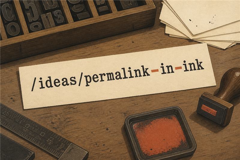 Permalink generator example: a paper URL path on a typesetting desk