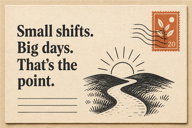 URL slug on a share card, letterpress postcard style